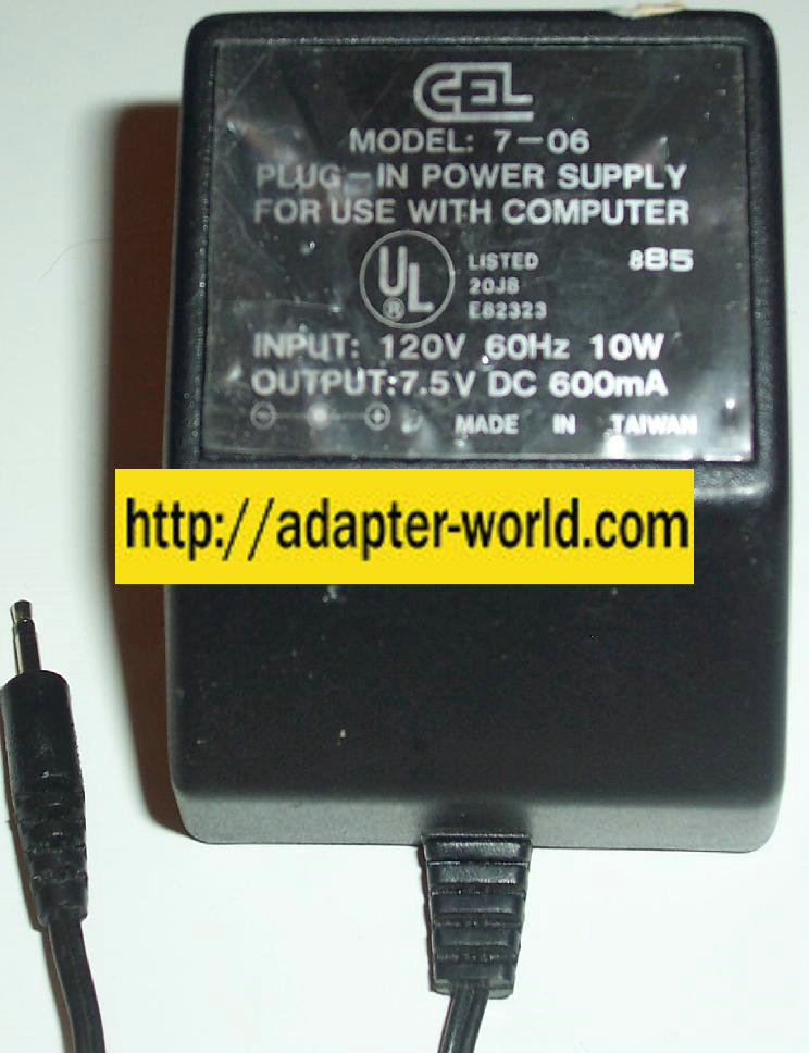 CEL 7-06 AC DC ADAPTER 7.5V 600mA 10W E82323 POWER SUPPLY - Click Image to Close